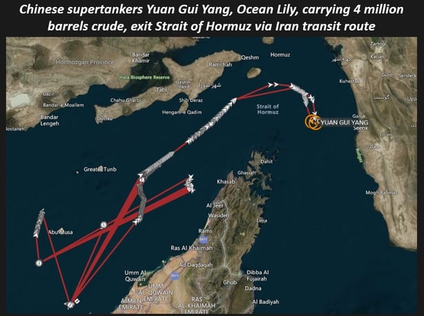 A graphic showing the transit of a ship in the strait of hormuz