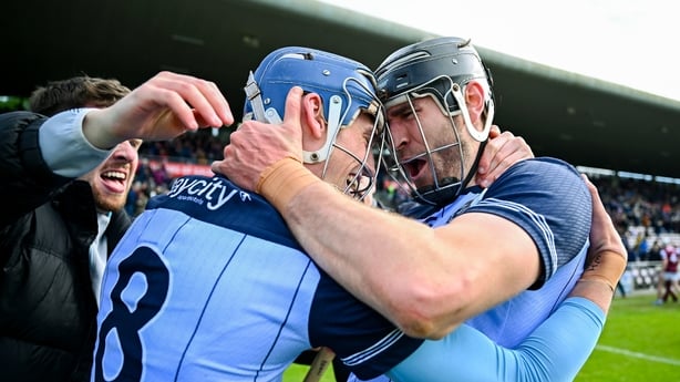 16 May 2026; Dublin hurlers Brian Hayes, scorer of their third goal, and Ronan Hayes, right, scorer of their second goal, celebrate after victory in the Leinster GAA Senior Hurling Championship Round 4 match between Galway and Dublin at Pearse Stadium in Galway. Photo by Piaras Ó Mídheach/Sportsfile
