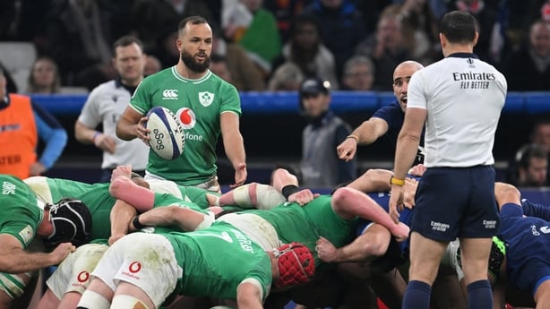 Ireland's scrum-half Jamison Gibson-Park (CL) and France's scrum-half Maxime Lucu