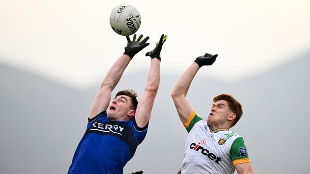 8 February 2025; Diarmuid O'Connor of Kerry and Ciarán Moore of Donegal contest a kickout during the Allianz Football League Division 1 match between Kerry and Donegal at Fitzgerald Stadium in Killarney, Kerry. Photo by Brendan Moran/Sportsfile