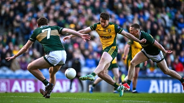 29 March 2026; Conor O'Donnell of Donegal scores his side's first goal during the Allianz Football League Division 1 final match between Kerry and Donegal at Croke Park in Dublin. Photo by Seb Daly/Sportsfile