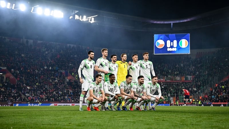26 March 2026; The Republic of Ireland team, top row, from left, Finn Azaz, Nathan Collins, Troy Parrott, goalkeeper Caoimhin Kelleher, Dara O'Shea, Jake O'Brien, bottom row, from left, Jayson Molumby, Chiedozie Ogbene, Seamus Coleman, Ryan Manning and Ja