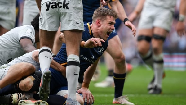 2 May 2026; Garry Ringrose of Leinster celebrates after scoring his side's third try during the Investec Champions Cup semi-final match between Leinster and RC Toulon at the Aviva Stadium in Dublin. Photo by Brendan Moran/Sportsfile