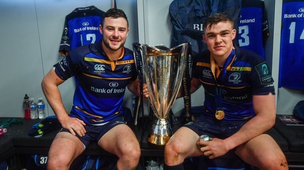 12 May 2018; Robbie Henshaw, left, and Garry Ringrose of Leinster celebrate with the cup in the dressing room after the European Rugby Champions Cup Final match between Leinster and Racing 92 at the San Mames Stadium in Bilbao, Spain. Photo by Ramsey Cardy/Sportsfile