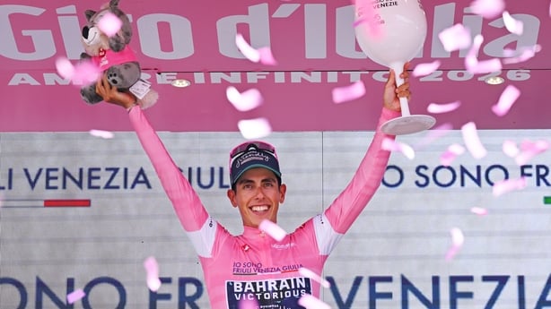 Afonso Eulalio of Portugal and Team Bahrain - Victorious celebrates at podium as Pink Leader Jersey winner the 109th Giro d'Italia 2026, Stage 11 a 195km stage from Porcari to Chiavari / #UCIWT / on May 20, 2026 in Chiavari, Italy. 