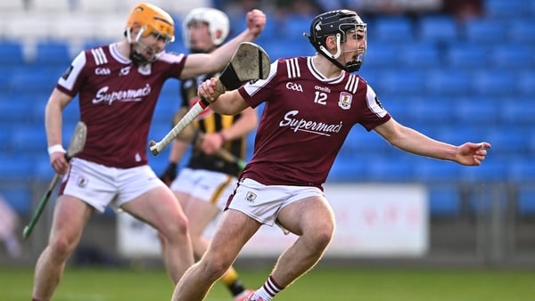 20 May 2026; Jack Shaughnessy of Galway celebrates scoring his side's first goal during the Fulfil Leinster GAA U20 Hurling Championship final match between Kilkenny and Galway at Laois Hire O'Moore Park in Portlaoise, Laois. Photo by Piaras Ó Mídheach/Sp