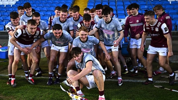 20 May 2026; Galway players, mostly wearing Kilkenny jerseys inside-out, including Ciarán Leen, front, celebrate after victory in the Fulfil Leinster GAA U20 Hurling Championship final match between Kilkenny and Galway at Laois Hire O'Moore Park in Portlaoise, Laois. Photo by Piaras Ó Mídheach/Sport