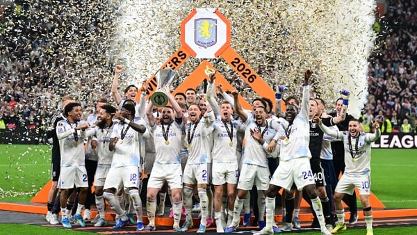 Aston Villa players celebrate with the trophy after defeating Freiburg 3-0 to win the UEFA Europa League final match at Besiktas Park in Istanbul, Turkiye, on May 21, 2026. (Photo by Oguz Yeter/Anadolu via Getty Images)