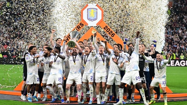 Aston Villa players celebrate with the trophy after defeating Freiburg 3-0 to win the UEFA Europa League final match at Besiktas Park in Istanbul, Turkiye, on May 21, 2026. (Photo by Oguz Yeter/Anadolu via Getty Images)