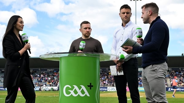 26 April 2025; GAA+ with presenter Aisling O'Reilly and pundits, from left, former Kilkenny hurler Richie Hogan, former Cork hurler Eoin Cadogan and former Waterford hurler Noel Connors before the Leinster GAA Hurling Senior Championship Round 2 match bet