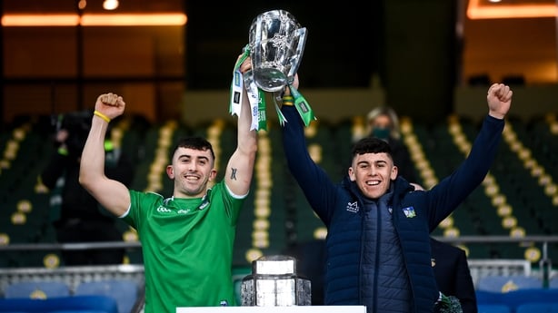13 December 2020; Brothers Aaron, left, and Jason Gillane of Limerick lift the Liam MacCarthy Cup following the GAA Hurling All-Ireland Senior Championship Final match between Limerick and Waterford at Croke Park in Dublin. Photo by Stephen McCarthy/Sportsfile
