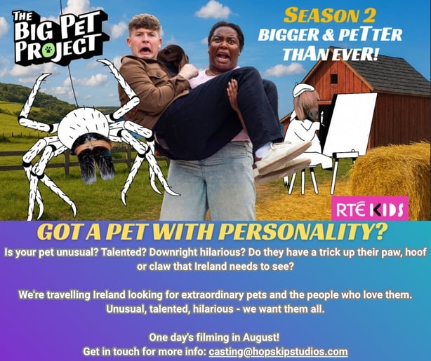 A poster for The Big Pet Project casting call with presenters Demi Isaac and Adam Beale.