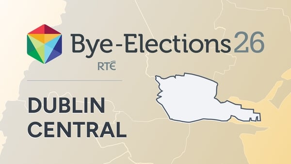 Visual showing the words Dublin Central, Bye-Elections26 RTÉ and a map of the constituency