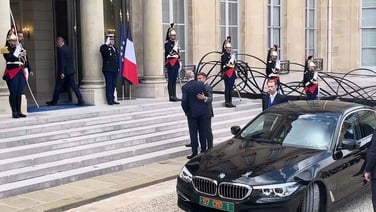 Taoiseach Micheál Martin is welcomed to the Élysée Palace by French President Emmanuel Macron