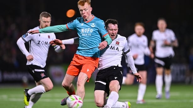 Louth , Ireland - 20 February 2026; Bobby Burns of Dundalk in action against Shane Farrell of Drogheda United during the SSE Airtricity Men's Premier Division match between Dundalk and Drogheda United at Oriel Park in Dundalk, Louth. (Photo By Ben McShane/Sportsfile via Getty Images)