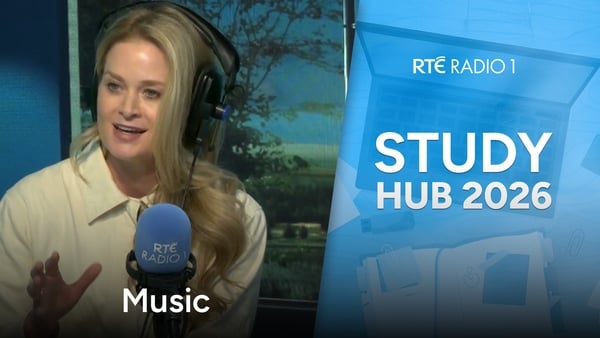 Music Lecturer Susan McCormick speaking in studio for Study Hub 2026 - a half and half image with a blue graphic on one side.