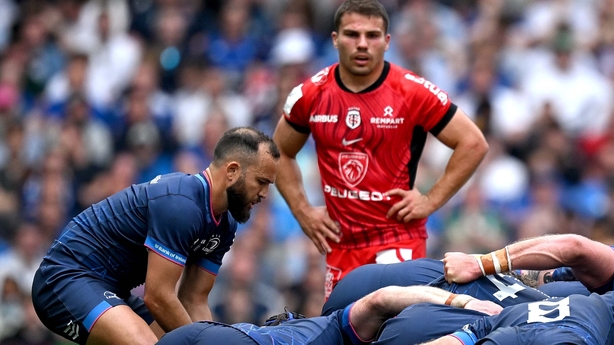 25 May 2024; Jamison Gibson-Park of Leinster puts into a scrum as Antoine Dupont of Toulouse watches on during the Investec Champions Cup final between Leinster and Toulouse at the Tottenham Hotspur Stadium in London, England. Photo by Brendan Moran/Sportsfile