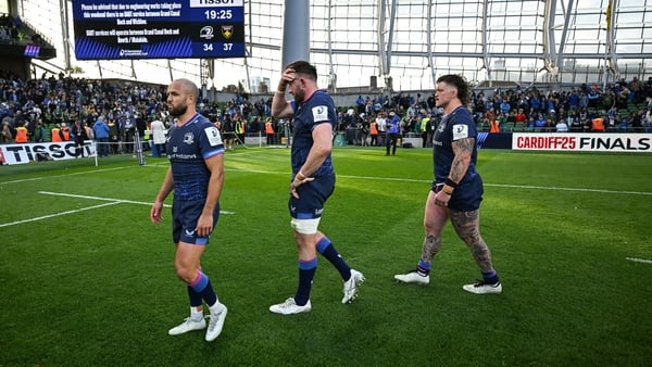 3 May 2025; Leinster players, from left, Jamison Gibson-Park, Jack Conan and Andrew Porter after the Investec Champions Cup semi-final match between Leinster and Northampton Saints at the Aviva Stadium in Dublin. Photo by Brendan Moran/Sportsfile