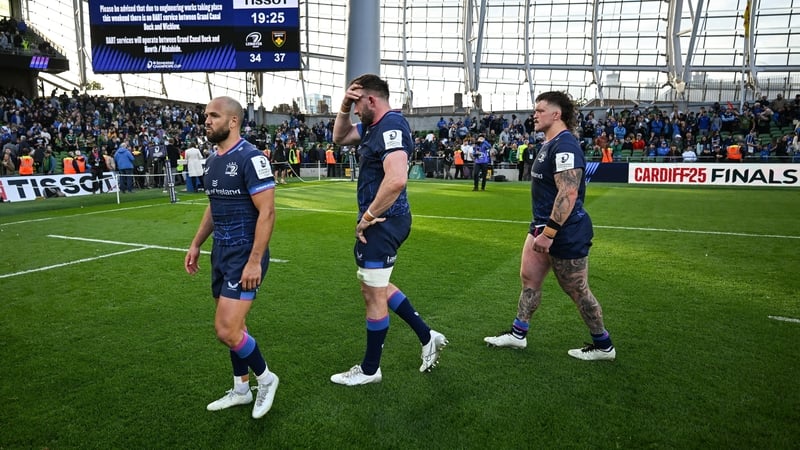 3 May 2025; Leinster players, from left, Jamison Gibson-Park, Jack Conan and Andrew Porter after the Investec Champions Cup semi-final match between Leinster and Northampton Saints at the Aviva Stadium in Dublin. Photo by Brendan Moran/Sportsfile