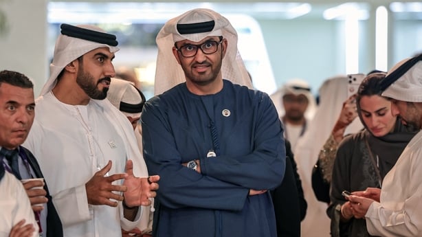 Sultan Ahmed al-Jaber (C), the UAE's Minister of Industry and Advanced Technology, ADNOC Managing Director and Group CEO, and Chairman of the Abu Dhabi Future Energy Company "Masdar", attends the fifth edition of the "Make it in the Emirates" conference in Abu Dhabi on May 4, 2026. (Photo by FADEL S