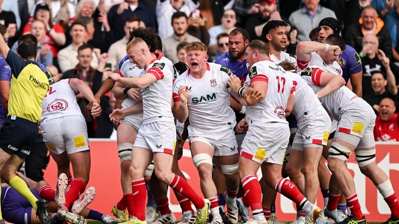 2 May 2026; Ulster players, including Bryn Ward, celebrate their side's fourth try, scored by Tom Stewart, during the EPCR Challenge Cup semi-final match between Ulster and Exeter Chiefs at Affidea Stadium in Belfast. Photo by Ramsey Cardy/Sportsfile
