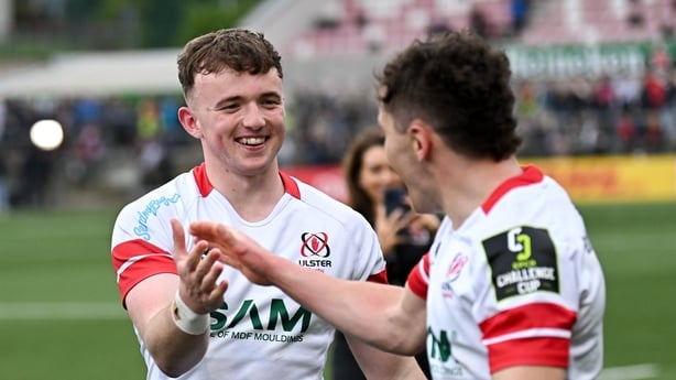 2 May 2026; Jack Murphy, left, and Mike Lowry of Ulster celebrate after the EPCR Challenge Cup semi-final match between Ulster and Exeter Chiefs at Affidea Stadium in Belfast. Photo by Ramsey Cardy/Sportsfile