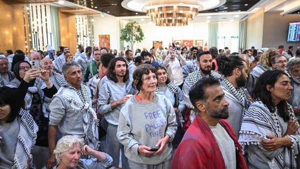 Members of Global Sumud Flotilla, who were detained by Israel in international waters, arrive at Istanbul Airport in Istanbul, Turkey