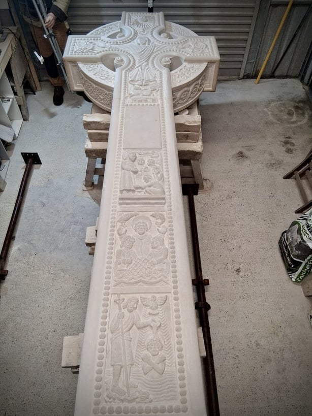The 12ft High Cross in a workshop.