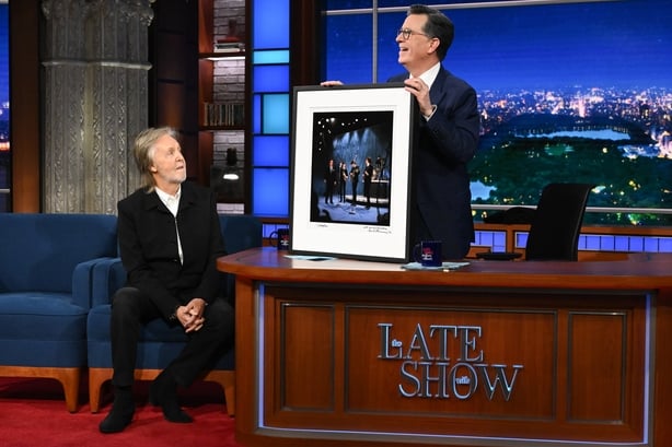 Paul McCartney and Stephen Colbert on the CBS series The Late Show with Stephen Colbert. (Photo by Scott Kowalchyk/CBS via Getty Images)