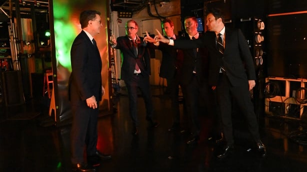 Stephen Colbert, John Oliver, Seth Meyers, Jimmy Kimmel, and Jimmy Fallon on the CBS series The Late Show with Stephen Colbert. (Photo by Scott Kowalchyk/CBS via Getty Images)