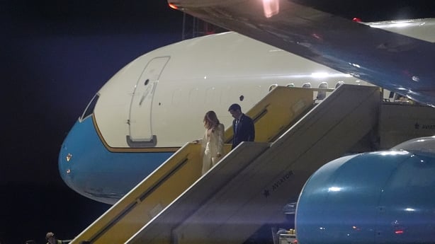 US Secretary of State Marco Rubio (R) arrives with his wife Jeanette Rubio at Malmo Airport in Malmo-Sturup
