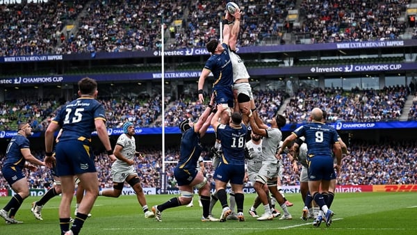 2 May 2026; Alex Soroka of Leinster and David Ribbans of RC Toulon contest a line-out during the Investec Champions Cup semi-final match between Leinster and RC Toulon at the Aviva Stadium in Dublin. Photo by Seb Daly/Sportsfile