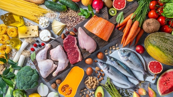 Mediterranean diet balanced including fruits and vegetables, whole grain carbohydrates, omega 3 rich proteins , nuts and legumes, olive oil, dairy products, olive oil, food pyramid, flexitarian diet.