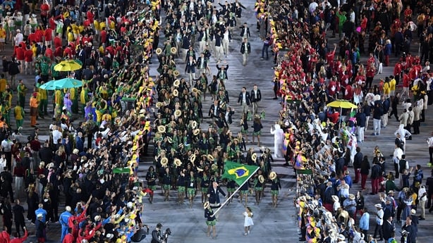 during the Opening Ceremony of the Rio 2016 Olympic Games at Maracana Stadium in Rio de Janeiro, Brazil in 2016