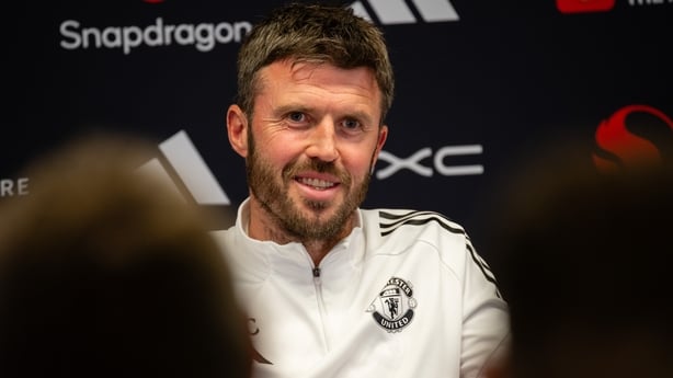 MANCHESTER, ENGLAND - MAY 21: (EXCLUSIVE COVERAGE) Head Coach Michael Carrick of Manchester United speaks during a press conference at Carrington Training Ground on May 21, 2026 in Manchester, England. (Photo by Ash Donelon/Manchester United via Getty Images)
