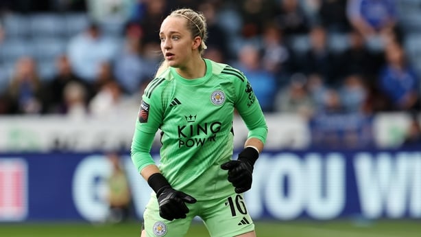 Katie Keane of Leicester City Women in action during the Barclays Women's Super League match between Leicester City Women and Chelsea FC Women at King Power Stadium on May 3, 2026 in Leicester, United Kingdom. 