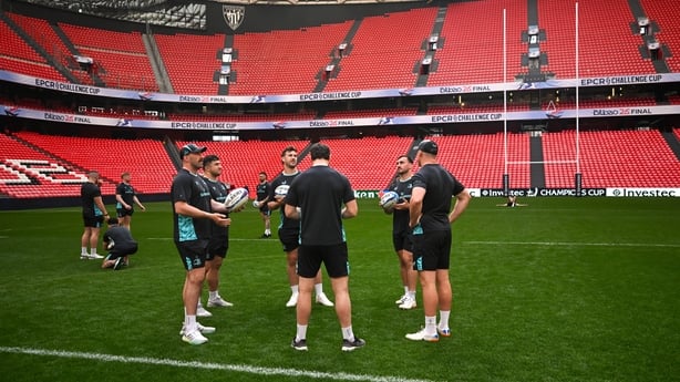 22 May 2026; Leinster players, from left, Jack Conan, Thomas Clarkson, Caelan Doris, Rónan Kelleher and Dan Sheehan during a Leinster Rugby captain's run at San Mamés Stadium in Bilbao, Spain. Photo by Brendan Moran/Sportsfile