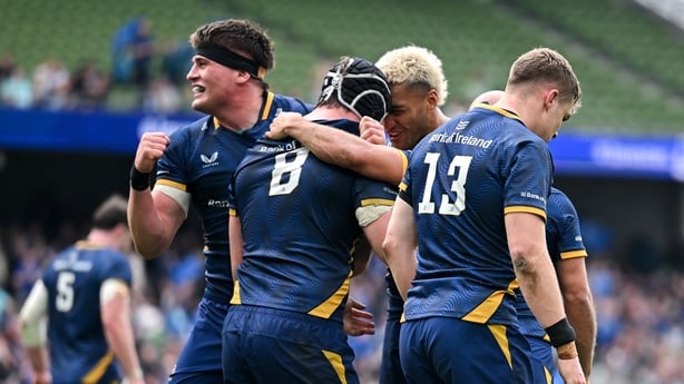 2 May 2026; Caelan Doris of Leinster, 8, celebrates with teammates including Rieko Ioane, centre, after scoring their side's fourth try during the Investec Champions Cup semi-final match between Leinster and RC Toulon at the Aviva Stadium in Dublin. Photo by Sam Barnes/Sportsfile