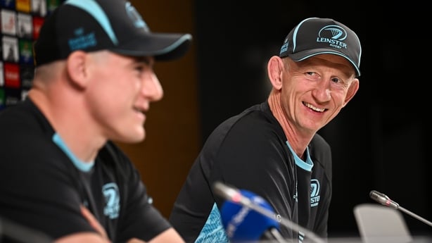 22 May 2026; Head coach Leo Cullen, right, and Dan Sheehan during a media conference after the Leinster Rugby captain's run at San Mamés Stadium in Bilbao, Spain. Photo by Seb Daly/Sportsfile