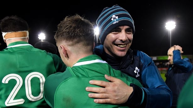 15 March 2019; Ireland head coach Noel McNamara celebrates with Colm Reilly after during the U20 Six Nations Rugby Championship match between Wales and Ireland at Zip World Stadium in Colwyn Bay, Wales. Photo by Piaras Ó Mídheach/Sportsfile