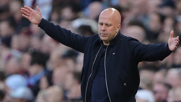 BIRMINGHAM, ENGLAND - MAY 15: Arne Slot, head coach of Liverpool, reacts after a missed chance during the Premier League match between Aston Villa and Liverpool at Villa Park on May 15, 2026 in Birmingham, England. (Photo by James Gill - Danehouse/Getty Images)