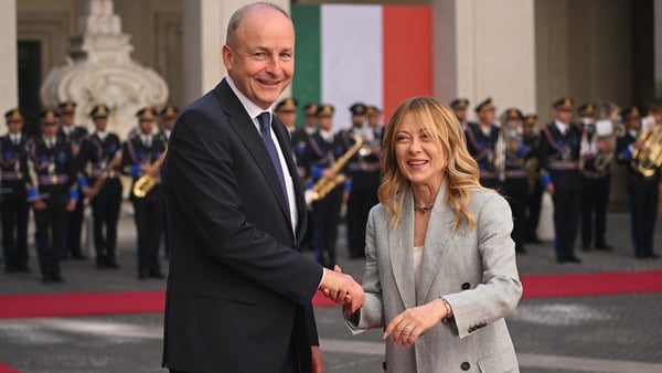 Italy's Prime Minister, Giorgia Meloni welcomes Taoiseach Micheal Martin at Palazzo Chigi prior their meeting in Rome