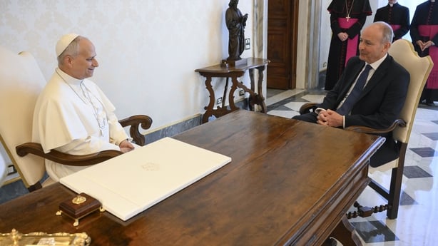 Pope Leo XIV meets with Taoiseach Micheal Martin during an audience at the Apostolic Palace 