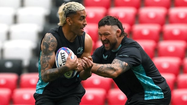 22 May 2026; Rieko Ioane, left, and Andrew Porter during a Leinster Rugby captain's run at San Mamés Stadium in Bilbao, Spain. Photo by Brendan Moran/Sportsfile