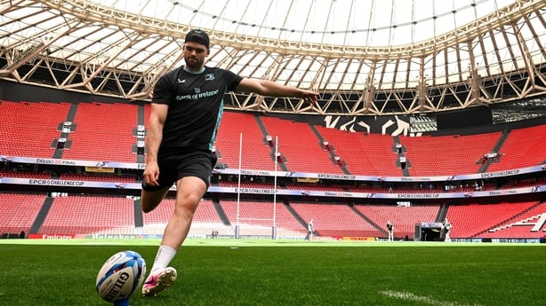 22 May 2026; Harry Byrne practices his goalkicking during a Leinster Rugby captain's run at San Mamés Stadium in Bilbao, Spain. Photo by Brendan Moran/Sportsfile