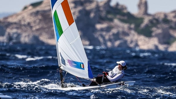 Eve McMahon of Team Ireland in action during the women's dinghy series race at Marseille Marina during the 2024 Paris Summer Olympic Games in Paris, France.