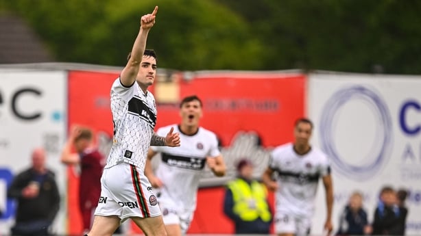 Dawson Devoy of Bohemians celebrates scoring his side's first goal during the SSE Airtricity Men's Premier Division match between Galway United and Bohemians at Eamonn Deacy Park in Galway.