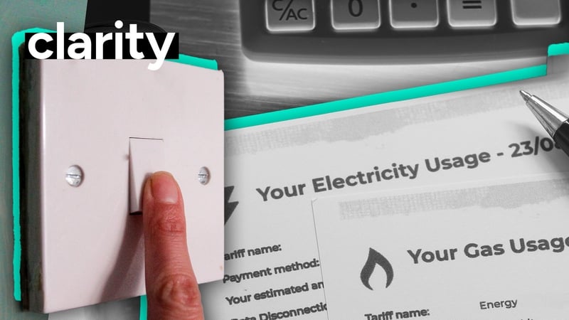A stylised RTÉ Clarity graphic with a finger on a light switch in the left foreground and electricity bills in the middle and right background