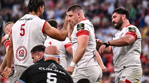 22 May 2026; Nick Timoney of Ulster, centre, celebrates with teammates Cormac Izuchukwu, left, and Tom O'Toole after scoring their side's first try during the 2026 EPCR Challenge Cup final match between Montpellier Hérault Rugby and Ulster at San Mamés Stadium in Bilbao, Spain. Photo by Seb Daly/Spo