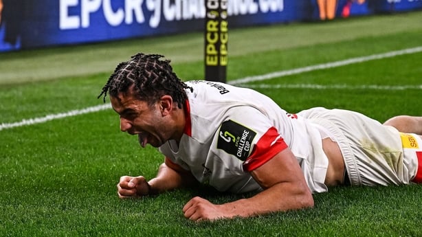 22 May 2026; Cormac Izuchukwu of Ulster celebrates after scoring his side's second try during the 2026 EPCR Challenge Cup final match between Montpellier Hérault Rugby and Ulster at San Mamés Stadium in Bilbao, Spain. Photo by Seb Daly/Sportsfile
